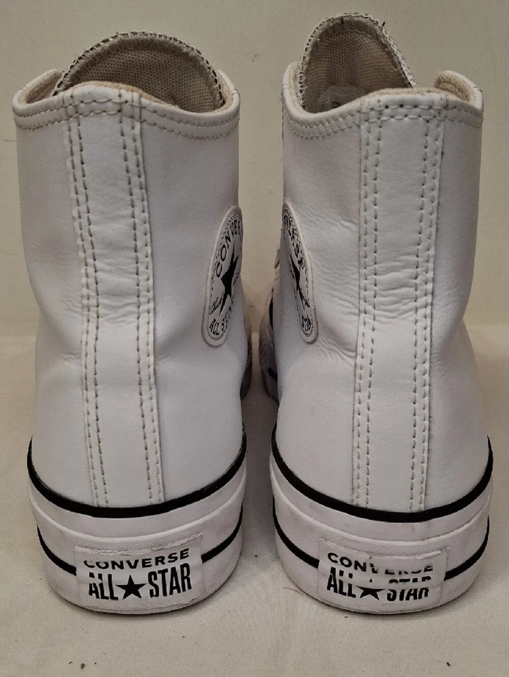 Converse Women's Leather White High Top Platform Sneakers with Black Stripe